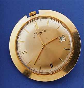 GLASHÜTTE TASCHENUHR, DEUTSCHLAND UM 1965, METALL M. ROSE-G.-AUFL., BODEN GEDR. (BüGEL ENTN.), RUNDANKERW., 17 ST., KAL. 69,1, RING- UNR., ...