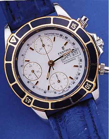 FESTINA ARMBANDCHRONOGRAPH AUTOMATIK, REF.- NR. 092/500, SCHWEIZ UM 1996, EDELST. POL., BODEN U. KRONE GESCHR., BEI FERTIGST. WASSERD.BIS CA. 100 ...