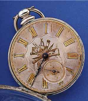 HERRENTASCHENUHR, REF.-NR. 86263, SCHWEIZ/ ENGLAND UM 1870, SILBER, BER., SILBERZIFFER- BL. M. AUFGES. GOLD-STD.-ZEICHEN, IM ZENTRUM ...