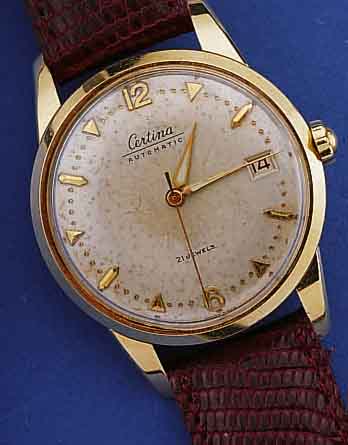 CERTINA HERRENARMBANDUHR AUTOMATIK, REF.-NR.56119, SCHWEIZ UM 1955, GG 750/000, BODEN U. GLASR. GEDR., BLATT ALTERSBED. FL., 21 ST., AUßER ...