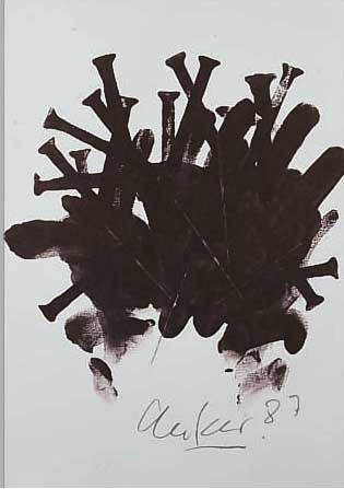 UECKER, GüNTHER, *1930, NAGELKOMPOSITION, OFFSETDRUCK IN BRAUNSCHWARZ AUF BüTTEN, HANDSIGN. UND DAT.'87, CA. 19,5 X 19 CM, U. GL. ...