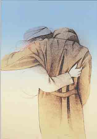 BRUNI, BRUNO, RüCKENANSICHT EINES SICH UM- ARMENDEN PAARES, FARBLITHO., SIGN., NUM. 222/1000, 40 X 31 CM, UNTER GLAS GER.