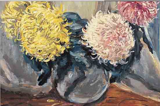 FALKENBERG, RICHARD, *1875 ELBERFELD, CHRYSANTHEMEN IN KUGELVASE, ÖL/LWD. (MIN. REST.), SIGN., 60 X 70 CM