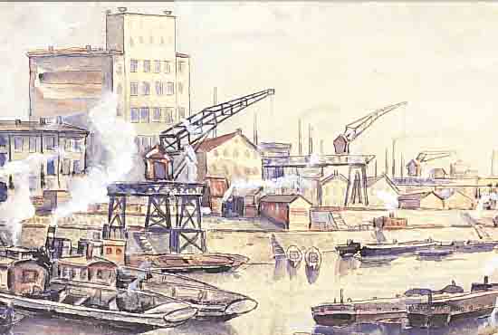 HUBER, LUDWIG, 1. HäLFTE 20. JH., HAFEN VON HEILBRONN, AQURELL, SIGN., BETITELT, 24 X 47 CM, UNTER GLAS GER.