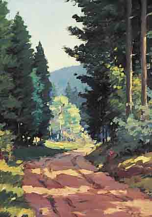 INDEN, RUDOLF, DüSSELDORFER EIFELMALER, UM 1930, WALDWEG, ÖL/HARTFASER, SIGN., 40 X 30 CM, R.