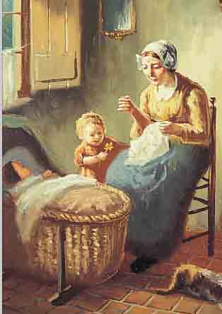 LEEUWEN, HENDRIK VAN, *1890 - 1962, NIEDERLäNDISCHER GENREMALER IN TRADITIONELLER MANIER, HIER: JUNGE NäHENDE FRAU MIT KIND IN DER ...