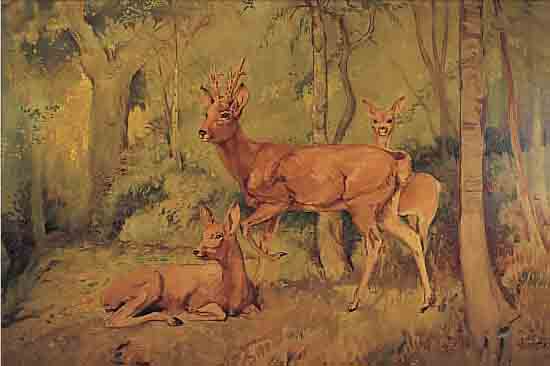 MICHEL O. ä., JAGDMALER ANFANG 20. JH., HIRSCHE UND REHE IM WALD, ÖL/LWD., UNLESERL. SIGN., 70 X 92 CM, R.