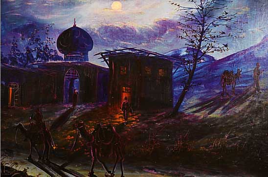 YAGHOUBI, GREGOR, ARMENISCHER MALER, NäCHTLICHE SZENE IN EINEM DORF AM BERG ARARAT, PERSONENSTAFFAGE, ÖL/LWD, LI. U. SIGN.UND DAT. ...