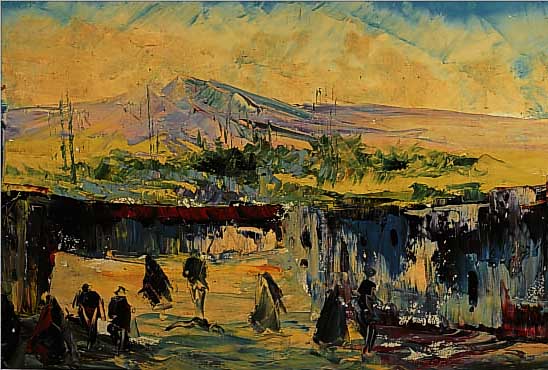 YAGHOUBI, GREGOR, ARMENISCHER MALER, STADTANSICHT MIT MOSCHEE AM BERG ARARAT, ÖL UND ACRYL AUF LWD, CA. 49 X 99 CM, R. PASTOSER ...
