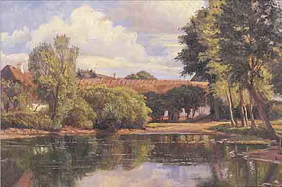ZUSCHREIBUNG: PETERSEN, CARL LUDWIG, *1824 - 1900, SKANDINAVISCHER LANDSCHAFTS- MALER, GEHöFT AN EINEM SEE, ÖL/LWD., SIGN., 36 X 49 ...