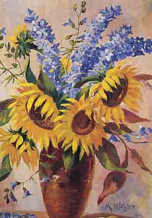RICHTER, K., 1. HäLFTE 20. JH., SONNEN- BLUMEN UND RITTERSPORN IN EINER TONVASE, ÖL/LWD., SIGN., 62 X 48 CM