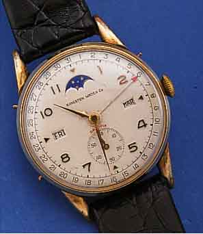 KINGSTON WATCH CO HERRENARMBANDUHR VOLLKALEN- DER, REF.-NR. 3228, SCHWEIZ UM 1950, METALL VERG., BER., EDELST.-BODEN U. GLASR. GEDR., INCL. ...