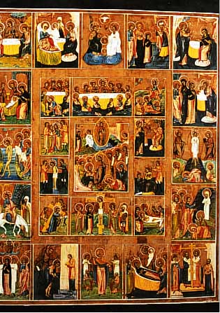 VIELFELDERIKONE, RUSSLAND, UM 1880-1900, MIT VERSCH. DARSTELLUNGEN AUS DEM LEBEN CHRISTI, CA. 53 X 43,5 CM, RESTAURIERT