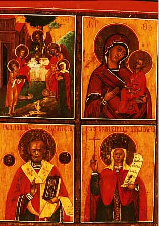 VIERFELDERIKONE, RUSSLAND, UM 1830-40, VITASZENE, HL. NIKOLAUS, GOTTESMUTTER MIT KIND, HEILIGE, CA. 34 X 27 CM, RESTAURIERT