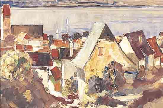 UNBEK. KüNSTLER 1. HäLFTE 20. JH., LAND- SCHAFT MIT ANSICHT EINER KLEINSTADT AM SEE, ÖL/HARTFASER, UNLESERLICH SIGN., 65 X 75 CM, R.