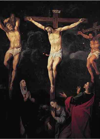 UNBEK. KüNSTLER D. 18./19. JH., QUALITäTS- VOLLE DARSTELLUNG DER KREUZIGUNG CHRISTI MIT REICHER PERSONENSTAFFAGE, ÖL/LWD. ...