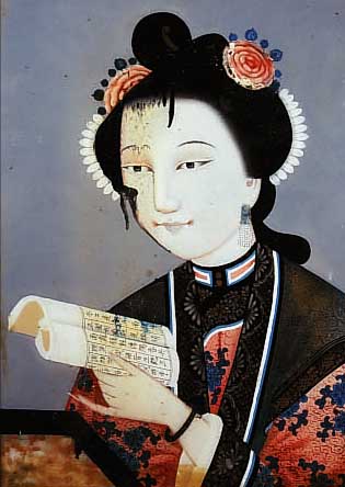 HINTERGLASMALEREI, CHINA, UM 1850, DARST. EINER FRAU MIT AUFGESCHLAGENEM BUCH, U. GL. GER., MIT WASSERSCHADEN VOR- WIEGEND AN ...