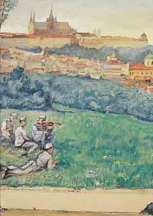 TRIER, HANS, GEB. 1877, RASTENDE UND MUSIZIERENDE SOLDATEN VOR DER STADT, HANDSIGNIERT, MIT WIDMUNG, DATIERT 1917AQUARELL AUF ...