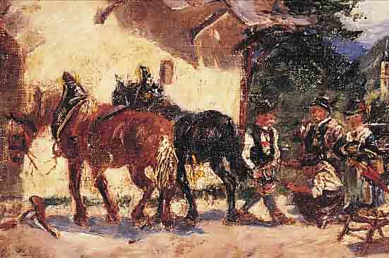 UNBEK. KüNSTLER D. 19. JH., WOHL TIROL, VOR DER SCHMIEDE, ÖL/MALKARTON (REST.), UN- SIGN., 14,5 X 20 CM, R.