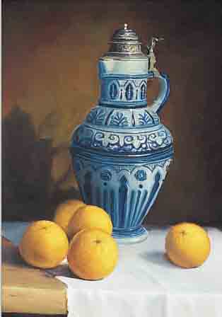 UNBEK. KüNSTLER D. 20. JH., STILLEBEN MIT STEINKRUG UND ORANGEN, ÖL/LWD., UNSIGN., 50 X 40 CM