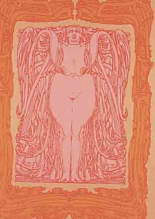 FUCHS, ERNST, PROF., GEB. 1930 WIEN, EINE FARBLITHOGRAPHIE IN ORANGE "WEIBLICHER AKT IN ORNAMENTEN", HANDSIGN. U. BEZ. ...