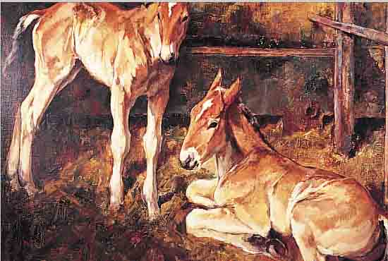 AICHELE, ERWIN, 1887 HöHEFELD-1974 EUTINGEN, ZWEI FOHLEN IM STALL, ÖL/LWD, RE. U. SIGN. UND DAT. 32, CA. 60 X 72 CM, R.