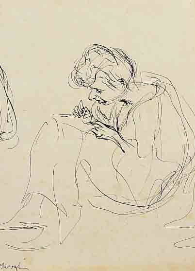 SLEVOGT, MAX, UM 1902/03, TUSCHE/FEDER- ZEICHNUNG, SCHREIBENDE FRAU, PP, UNT.GL.GER., M. 24 X 19 CM