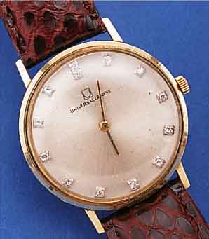 UNIVERSAL GENEVE HERRENARMBANDUHR, SCHWEIZ UM 1964, GG 585/000, GLASR. GEDR., FLACHE GESAMTAUSF., VERS. BLATT REST., STD.-ZEICHEN M. IN WG ...