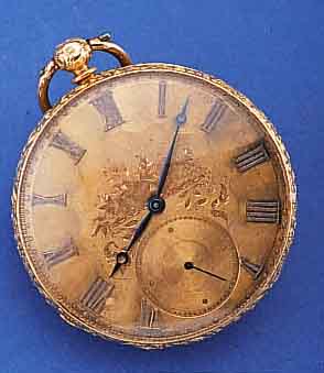 M.J. TOBIAS HERRENTASCHENUHR, SCHWEIZ/ENG- LAND UM 1850, GG 585/000, RäNDER WIE PENDANT RELIEFIERT, AUF BODEN GRAV. DARST. EINES ...