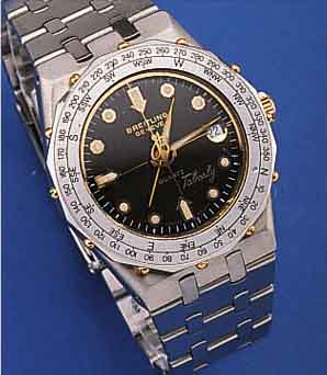BREITLING HERRENARMBANDUHR QUARTZ/TABARLY, SCHWEIZ UM 1985, EDELST., EDELST.-BAND M. SICHERHEITSFALTSCHL., MINERALFLACHGL., LüNETTEM. ...