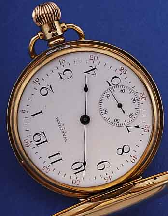 WALTHAM HERRENTASCHENUHR SAVONETTE, USA/ ENGLAND UM 1908, GG 375/000, ORIG.-EMAILBL. SIGN., FEIN HAARR., M. LUPE ERKENNB., AUßEN ROT 5-60, ...