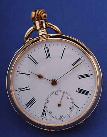 MONOPOL/DÜRSTEIN HERRENTASCHENUHR OFFEN, DEUTSCHLAND/SCHWEIZ UM 1895, ROSE-G. 585/000, NUTZSP. WURDEN üBERARB., MONOGR.-SPIEGEL FREI,EMAILBL. ...