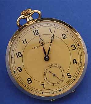 ESTELLA WATCH HERRENTASCHENUHR OFFEN, SCHWEIZ/DEUTSCHLAND UM 1936, GG 585/000, BODEN M. STREIFENDEKOR, MONOGR.-SPIEGEL FREI, GEH. ...