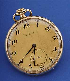 CORTEBERT HERRENTASCHENUHR OFFEN, SCHWEIZ UM 1930, GG 585/000, BODEN SYM. GUILL., GEH. 2-TEIL., VERG. BLATT ALTERSBED. FARBL. GET., SIGN., ...