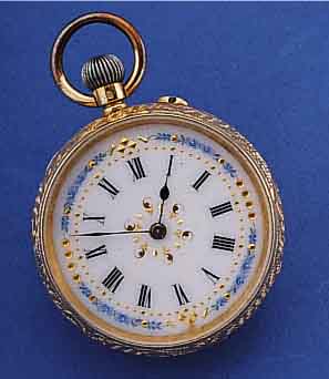 DAMENTASCHENUHR, SCHWEIZ UM 1895, GG 750/000RUNDUMGRAV., MONOGR.-SPIEGEL FREI, EMAILBL. M.GOLDPIQUETARB., GEBL. STAHLZEIGER, METALLCUV.,ZYLINDERW., ...