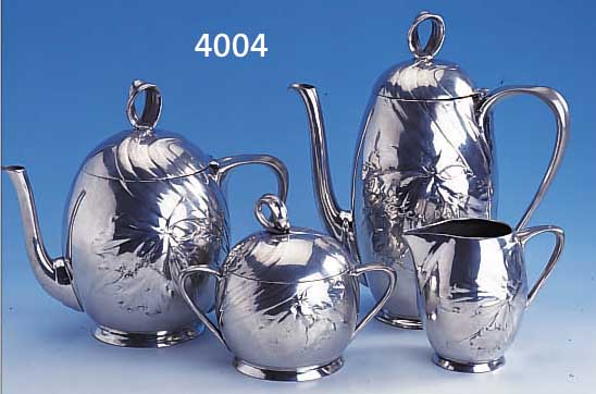 4-TEIL. KAFFEE- UND TEESET, DEUTSCH, KREFELD, ZINN VERSILBERT, UM 1902/03, REINER JUGENDSTIL, MEISTERMARKE GERHARDI, KREFELD, LIT.: ...