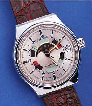 HERRENARMBANDUHR AUTOMATIK, SCHWEIZ UM 1978,METALL HARTVERCHR., EDELST.-BODEN GESCHR., MONDPHASE, DATUM, AUTOMATIKKAL. AS 5202, 17 ST., ...