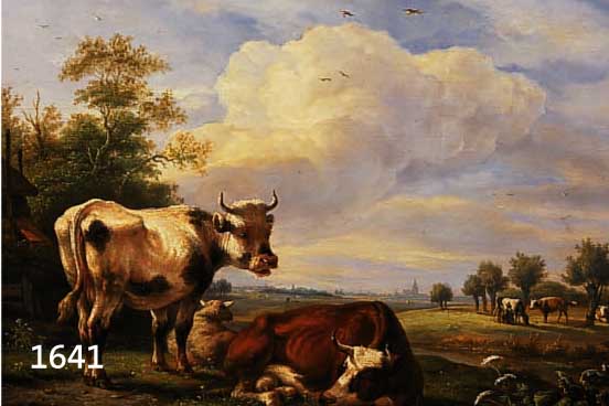 UMKREIS KOBELL, JAN, 1778 DELFSHAVEN - 1814, KÜHE UND SCHAF AUF DER WEIDE, IM HINTERGRUND STADTANSICHT, ÖL/HOLZ, GUTE TIEFENPERSPEKTIVE, FEINE ...