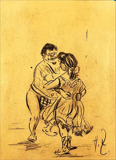 ZILLE, HEINRICH, 1858-1929, TANZENDES PAAR, KOHLEZEICHNUNG, RE. U. MONOGR., PAPIER GEBRäUNT, CA. 28,5 X 18,5 CM, PP, U.GL., ...