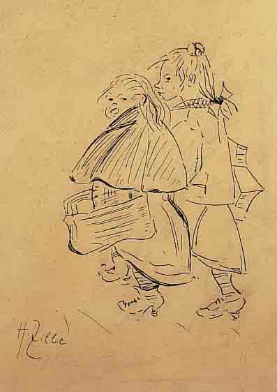 ZILLE, HEINRICH, 1858-1929, ZWEI MäDCHEN, FEDERZEICHNUNG AUF GEBRäUNTEM PAPIER, LI. U. HANDSIGNIERT, CA. 22 X 16 CM, PP, U.GL., ...