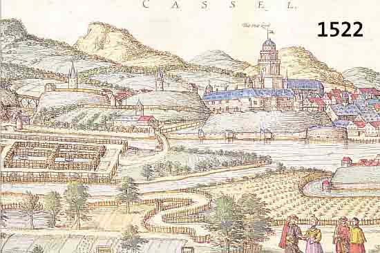 KONVOLUT VON 2 BLATT, MIT ANSICHTEN VON KASSEL UND UMGEBUNG: 1.) KOLOR. KUPFERSTICH AUS BR. U. HOGENBERG, CA. 1590, GA CASSEL, DEKORATIVES ...