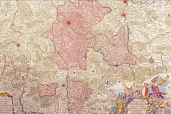 KONVOLUT VON 2 BLATT, ALTKOLOR. KUPFER- STICHK. V. HILDESHEIM: 1.) ALTKOLOR. KUPFER- STICH V. TH. LOTTER, EPISCOPATUS HILDESIENSIS,MIT SEHR ...