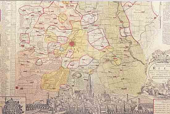ALTKOLOR. KUPFERSTICHK., V. HOMANN, CA. 1740, DIE GEGEND UM NöRDLINGEN GENANDT DAS RIES BENEBST DEM PROSPECT U. GRUNDRIS DET. K. F. ...