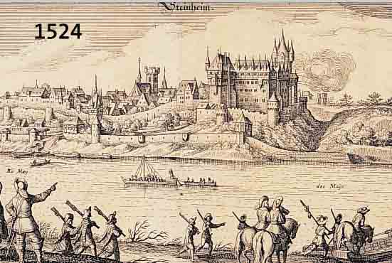 KONVOLUT VON 2 BLATT, KUPFERSTICHE V. STEINHEIM UND UMGEBUNG: 1.) KUPFERSTICH V. M. MERIAN, GA. STEINHEIM, 12 X 32 CM; 2.) ALTKOLOR. ...