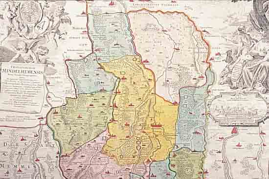 ALTKOLOR. KUPFERSTICHK., V. HOMANN, CA. 1750, PROTOPARCHIAE MINDELHEMENSIS NOVA TABULA GEOGRAPHICA, MIT PRACHTVOLLER GR. KARTUSCHE ...
