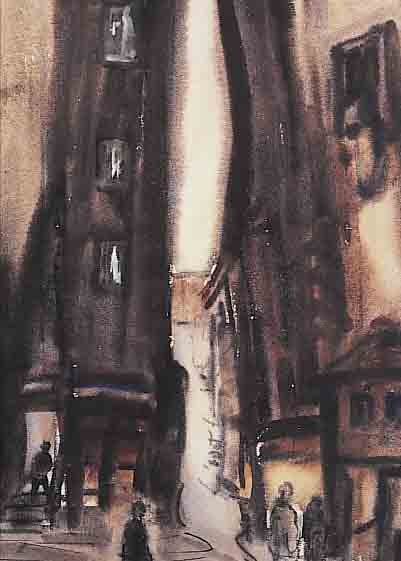 DE PISIS, FILIPPO, 1896-1956, MENSCHEN IN NäCHTLICHER STRAßE, AQUARELL/ PAPIER, LI. U. SIGN., CA. 39 X 26 CM, PP, U.GL., R.