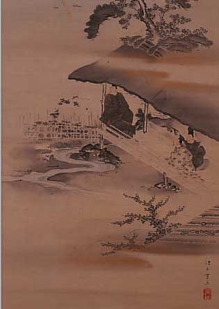 GOUACHEMALEREI, JAPAN, UM 1900, AUF PAPIER MIT SEIDENBROKATEINFASSUNG, CA. 120 X 41 CM, HOLZBOX