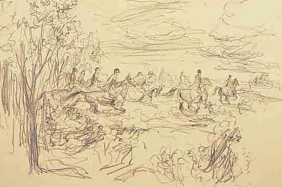 DILL, OTTO,  REITERGRUPPE AUS DEM WALD KOMMEND, LITHO- GRAPHIE, IM STEIN SIGN., GEBRäUNT, CA. 28 X, 40 CM, ...