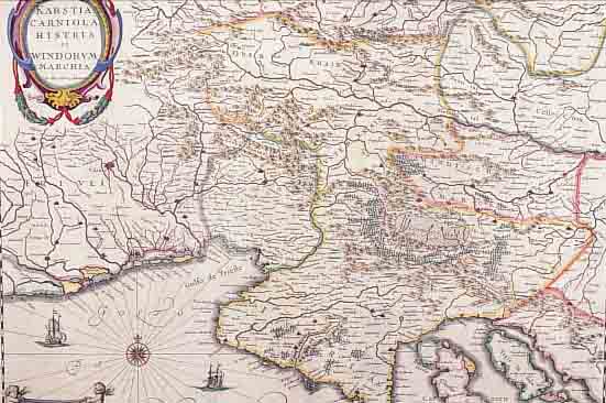 KOLOR. KUPFERSTICHK., V. J. JANSONIUS, KARSTIA CARNIOLA HISTRIA ET WINDORUM MARCHIA, MIT GROßARTIGER KOLOR. KARTUSCHE LI. O., LI. U. SCHöNER ...