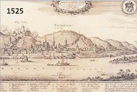 KONVOLUT VON 6 BLATT BACHARACH UND UMGEBUNG, 1.) KUPFERSTICH V. M. MERIAN, GA.BACHARACH MIT ERKLäRUNGEN AM UNTEREN RAND, TADELLOSES EXEMPLAR, ...